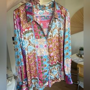 Zara Print Patchwork Silky Button Up (size XL)